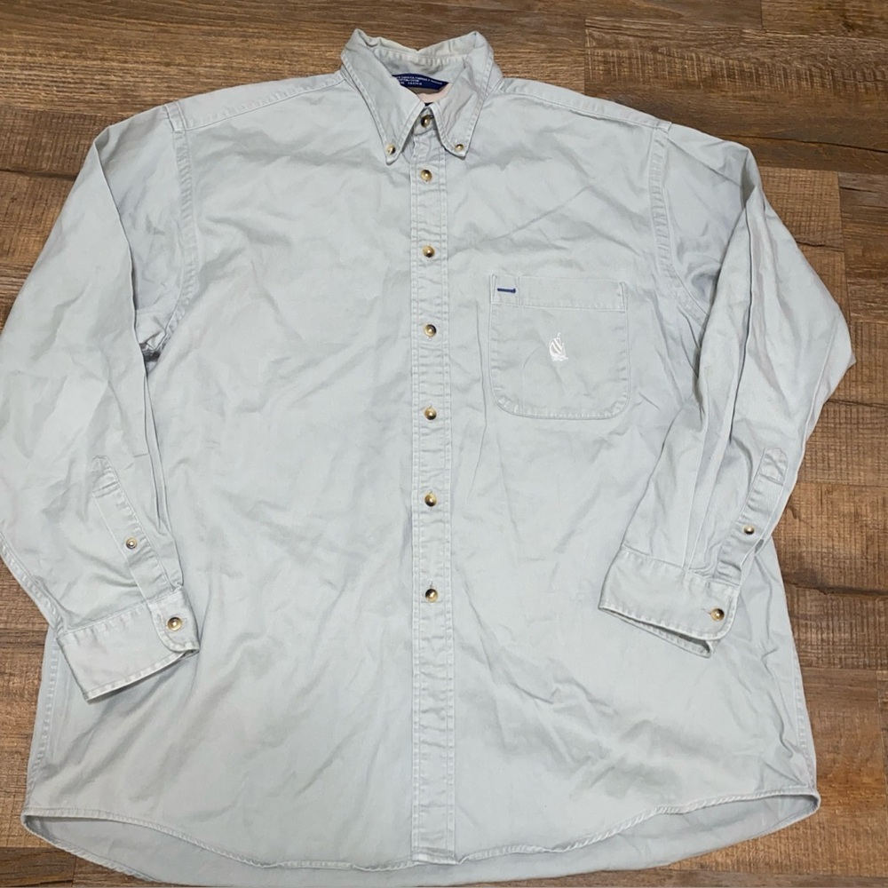 Nautica Mens Shirt Grayish XL Button Front Solid Pocket Logo Long Sleeve